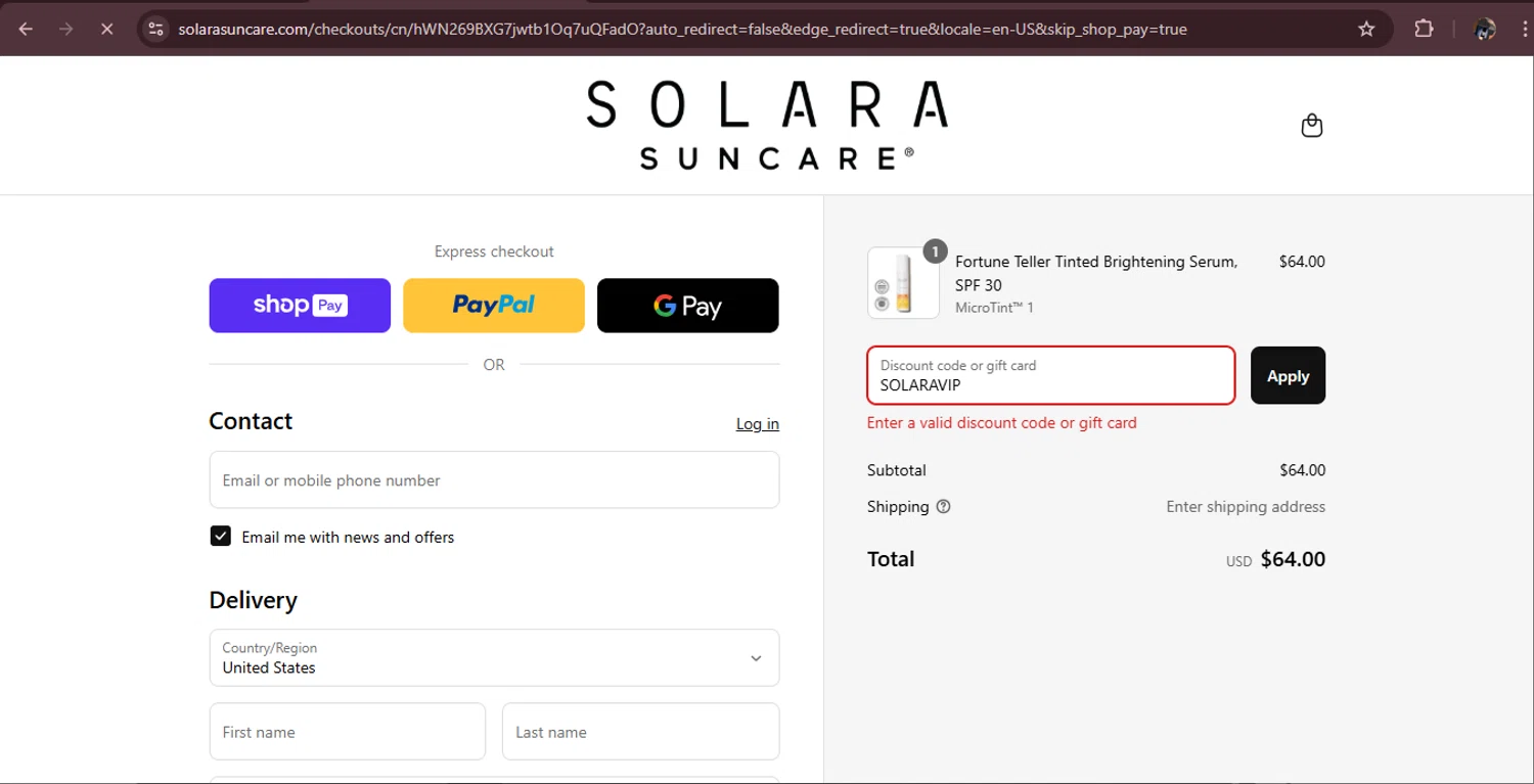Solara Suncare discount code screenshot showing code SOLARAVIP applied at Solara Suncare checkout page. Uploaded by SimplyCodes community member MagnificentAdmiral9096 on Aug 22, 2025