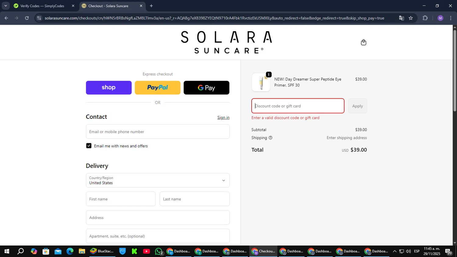 Solara Suncare discount code screenshot showing code Slightlyspiritual applied at Solara Suncare checkout page. Uploaded by SimplyCodes community member CouponGuardian8137 on Nov 29, 2025