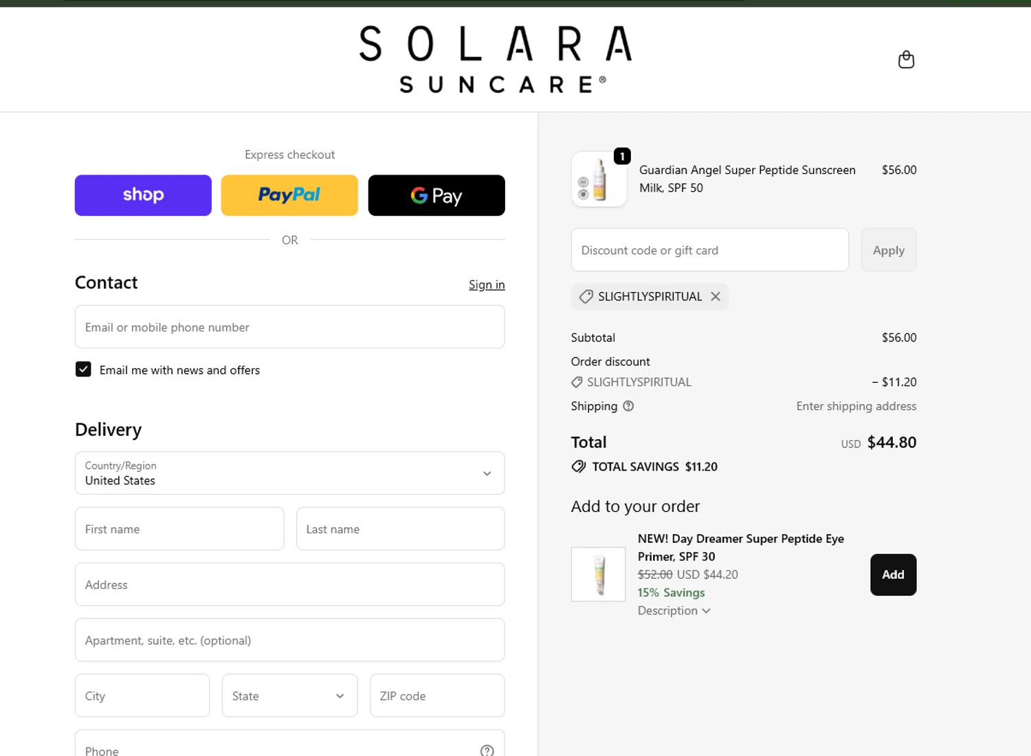 Solara Suncare discount code screenshot showing code Slightlyspiritual applied at Solara Suncare checkout page. Uploaded by SimplyCodes community member LegendaryHero6995 on Nov 14, 2025