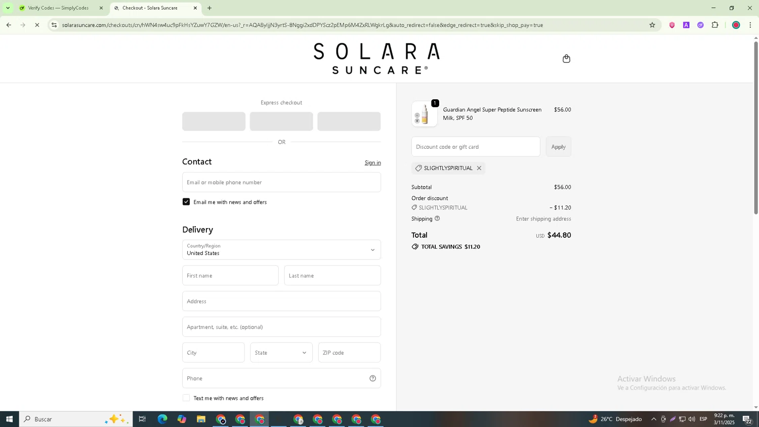 Solara Suncare checkout page showing Solara Suncare discount code box | Screenshot taken by SimplyCodes community member on Nov 4, 2025