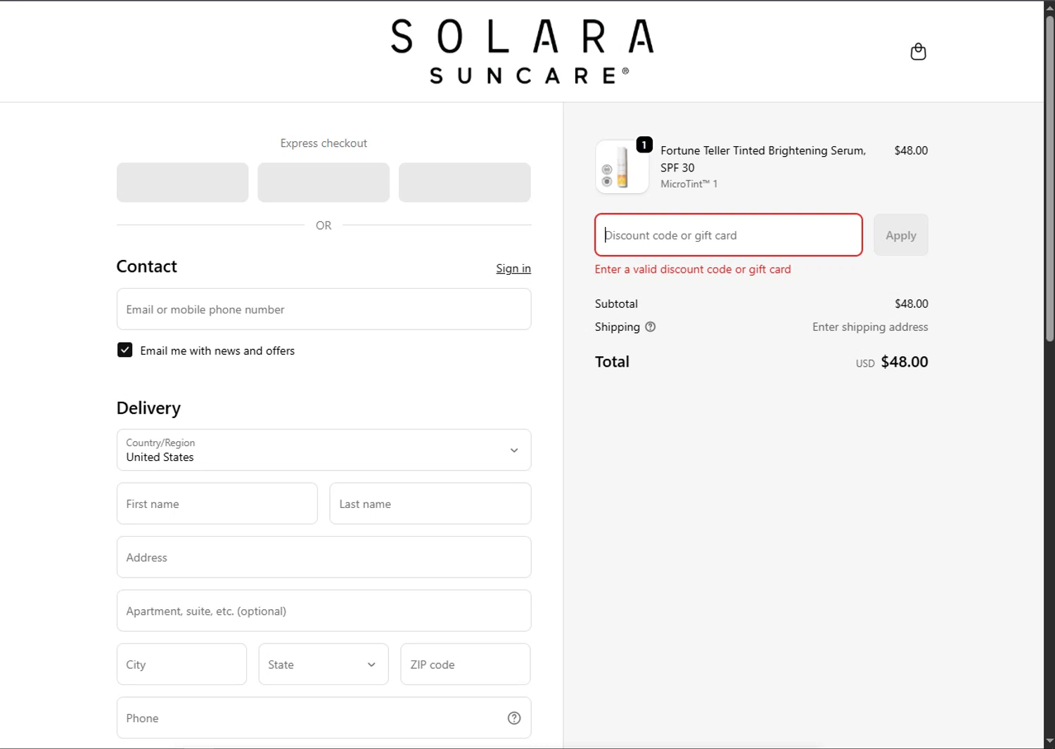 Solara Suncare discount code screenshot showing code VIPBFCM25 applied at Solara Suncare checkout page. Uploaded by SimplyCodes community member SalePhoenix2220 on Nov 24, 2025