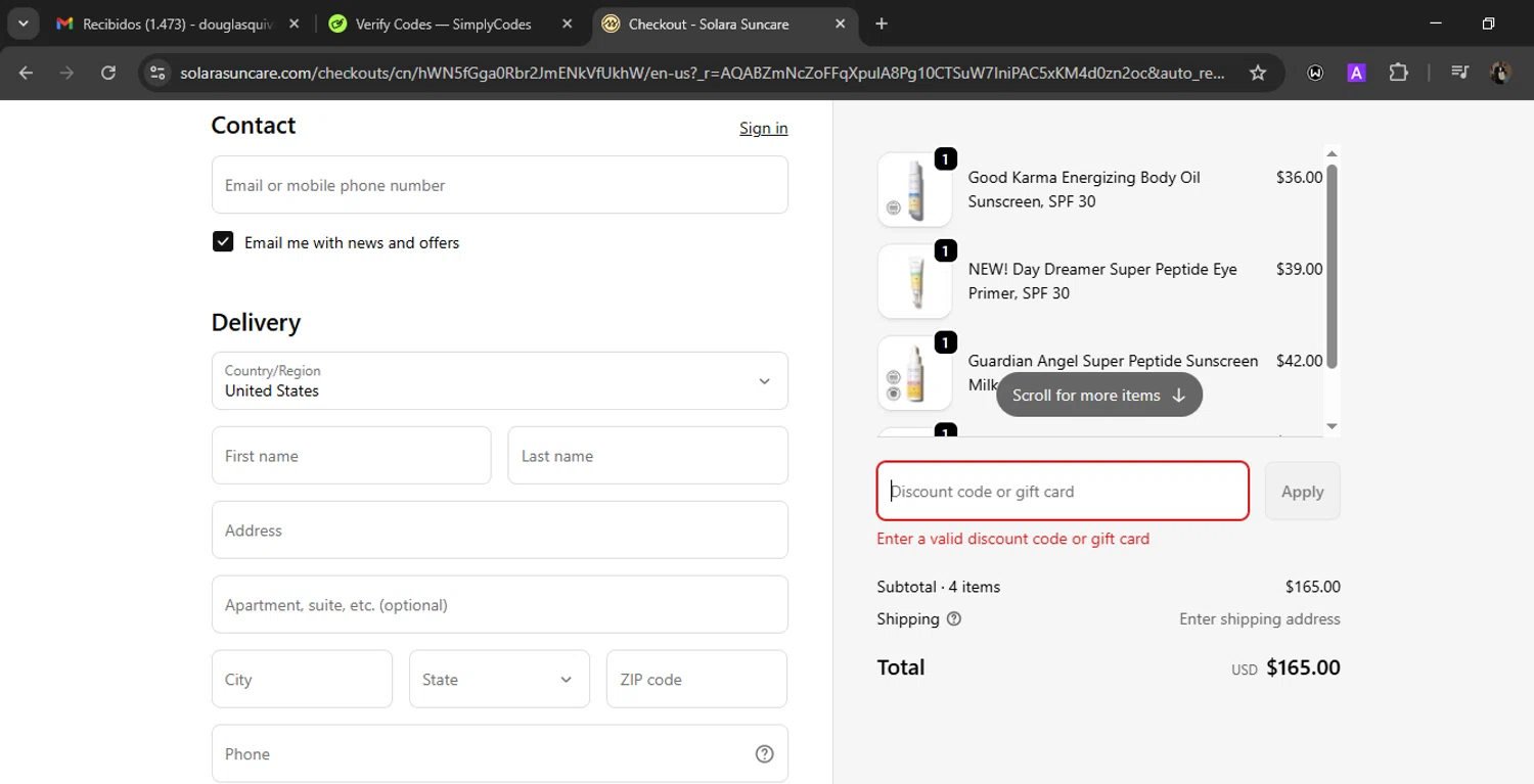 Solara Suncare discount code screenshot showing code VIPBFCM25 applied at Solara Suncare checkout page. Uploaded by SimplyCodes community member WiseLegend5590 on Nov 24, 2025