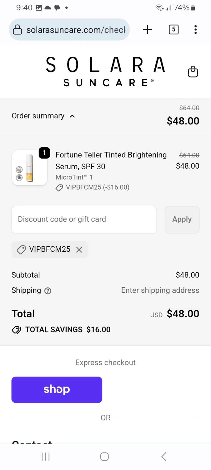Solara Suncare discount code screenshot showing code VIPBFCM25 applied at Solara Suncare checkout page. Uploaded by SimplyCodes community member ScanMaverick9378 on Nov 20, 2025