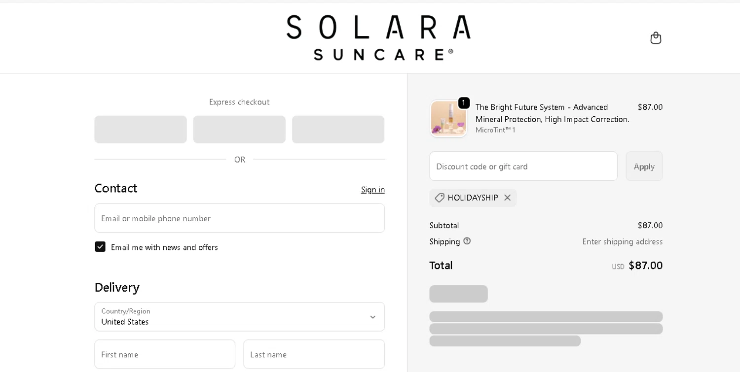 Solara Suncare discount code screenshot showing code HOLIDAYSHIP applied at Solara Suncare checkout page. Uploaded by SimplyCodes community member shark12 on Dec 16, 2025