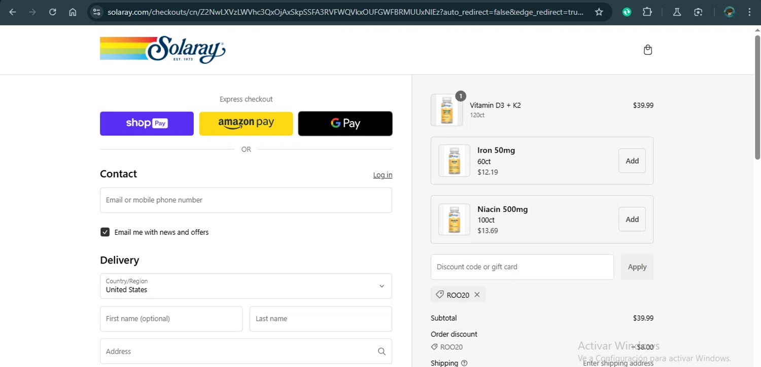 Solaray discount code screenshot showing code ROO20 applied at Solaray checkout page. Uploaded by SimplyCodes community member MariaCorinaMachado on Jan 29, 2025