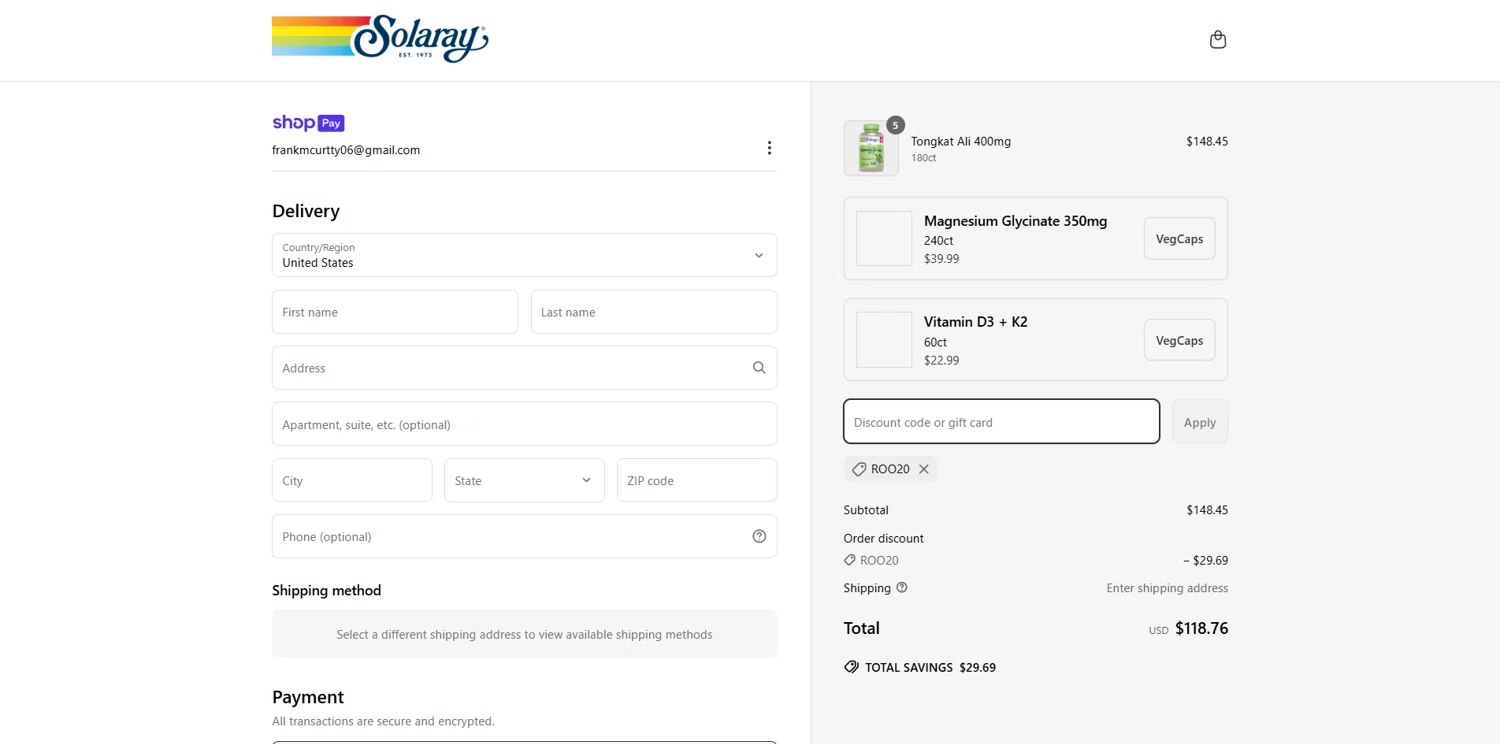 Solaray discount code screenshot showing code ROO20 applied at Solaray checkout page. Uploaded by SimplyCodes community member BrilliantVoyager5752 on Mar 18, 2025