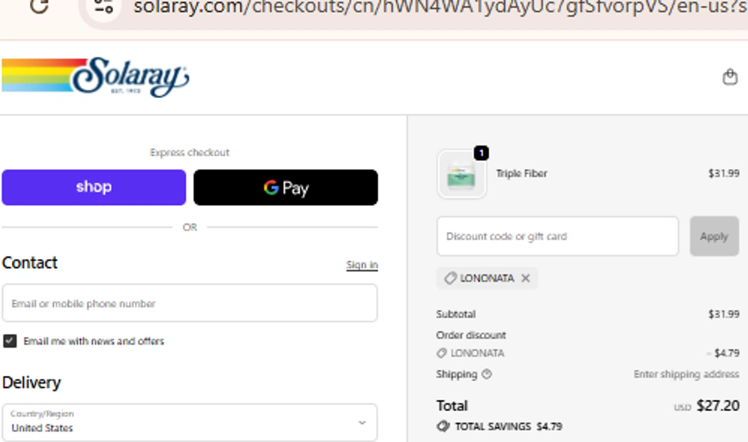 Solaray discount code screenshot showing code LONONATA applied at Solaray checkout page. Uploaded by SimplyCodes community member BudgetLion5814 on Oct 25, 2025