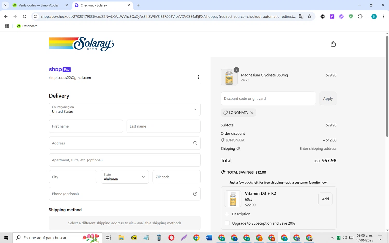 Solaray discount code screenshot showing code LONONATA applied at Solaray checkout page. Uploaded by SimplyCodes community member MagnificentCollector5368 on Jun 17, 2025
