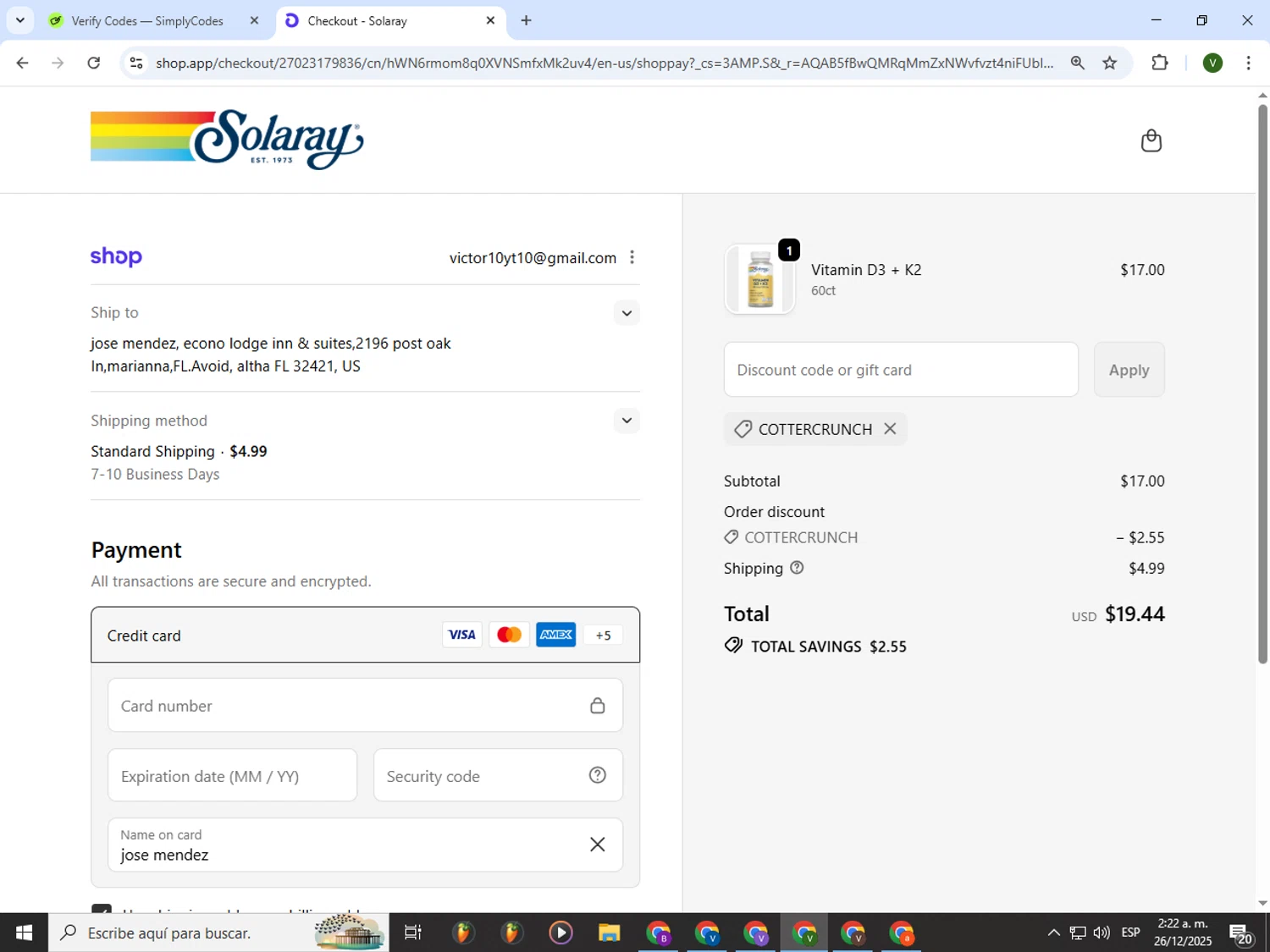 Solaray discount code screenshot showing code COTTERCRUNCH applied at Solaray checkout page. Uploaded by SimplyCodes community member PrimeWizard4168 on Dec 26, 2025