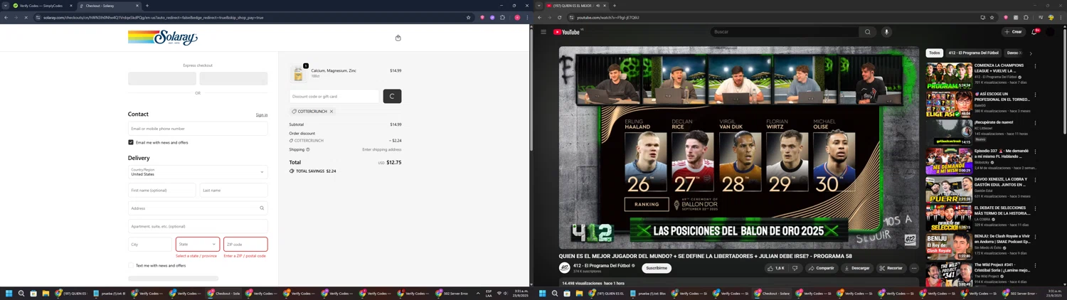 Solaray discount code screenshot showing code COTTERCRUNCH applied at Solaray checkout page. Uploaded by SimplyCodes community member TreasureWarden457 on Sep 23, 2025