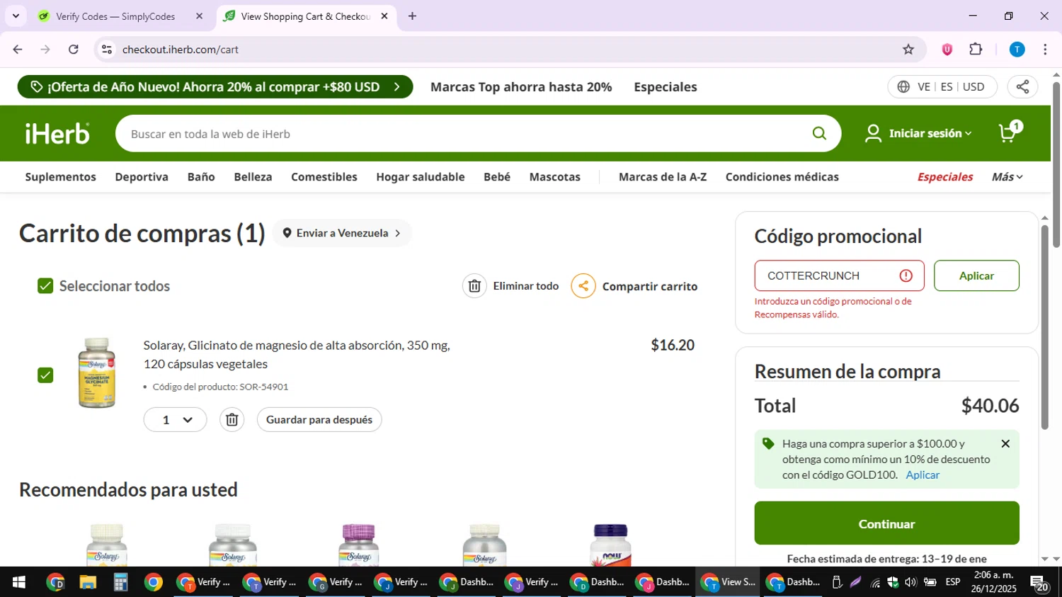 Solaray discount code screenshot showing code COTTERCRUNCH applied at Solaray checkout page. Uploaded by SimplyCodes community member hankt1521 on Dec 26, 2025