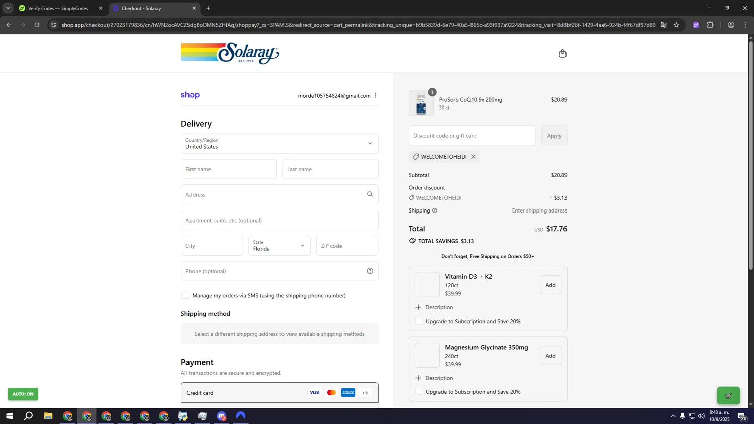 Solaray discount code screenshot showing code welcometoheidi applied at Solaray checkout page. Uploaded by SimplyCodes community member aaaaaaaaaaaaaaaa on Sep 10, 2025