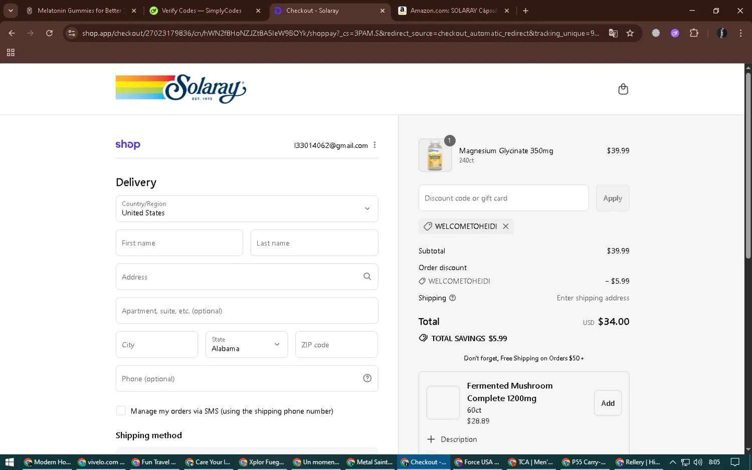 Solaray discount code screenshot showing code welcometoheidi applied at Solaray checkout page. Uploaded by SimplyCodes community member alexdaal on Sep 6, 2025