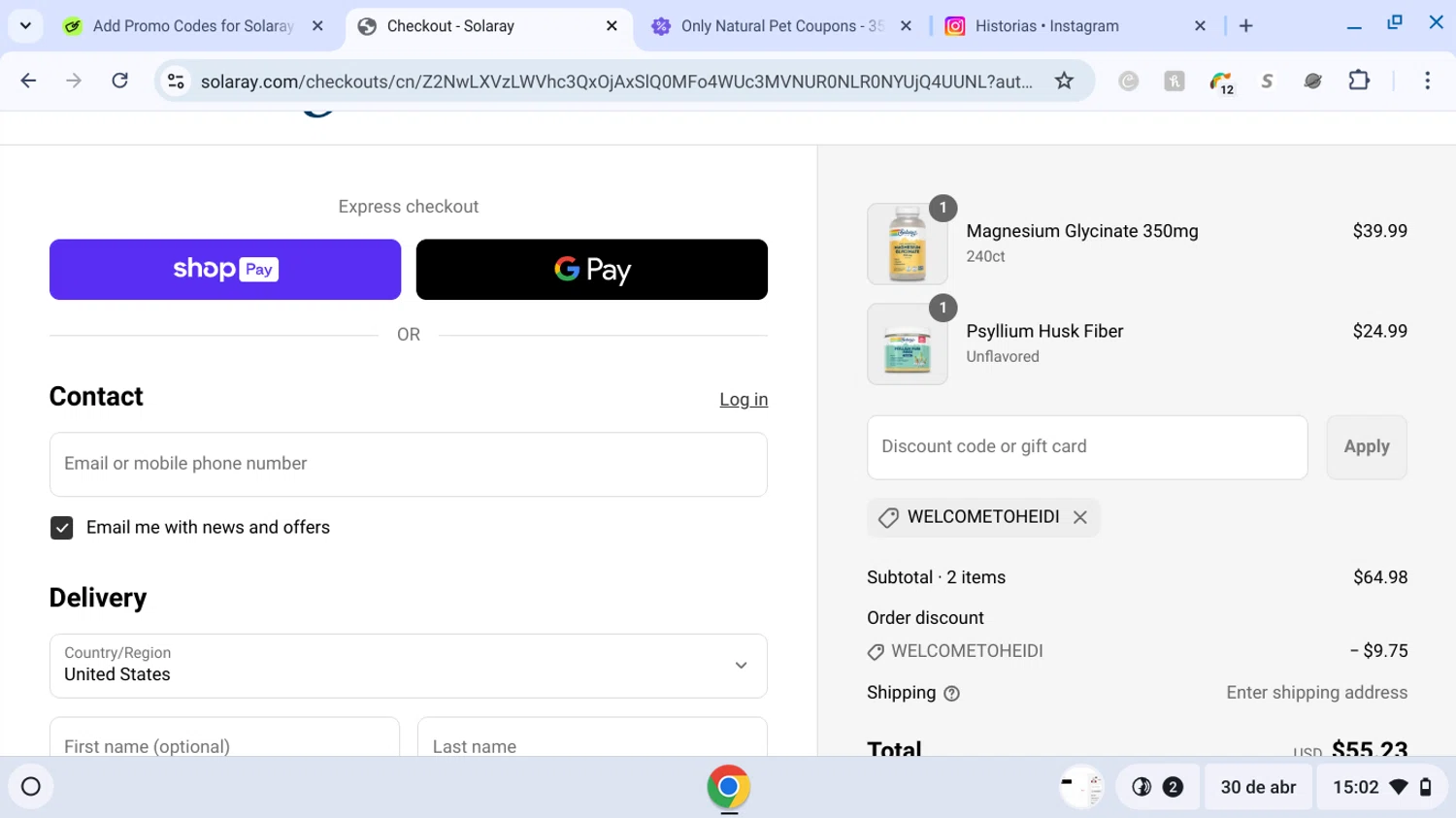Solaray discount code screenshot showing code welcometoheidi applied at Solaray checkout page. Uploaded by SimplyCodes community member KarinaHZ on Apr 30, 2025
