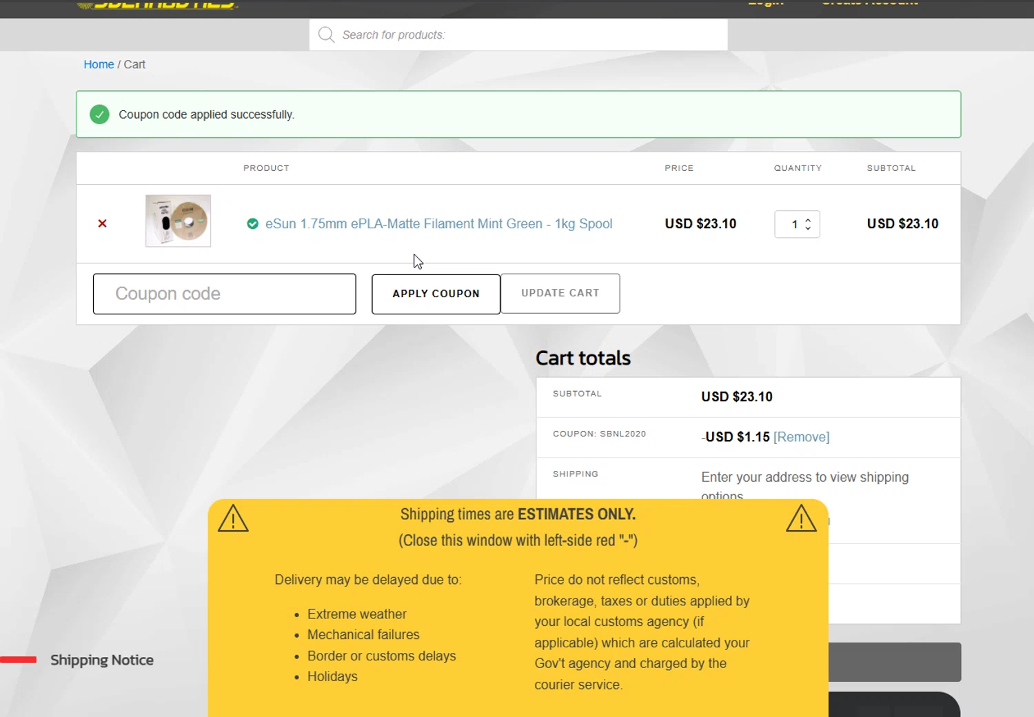 Solarbotics checkout page showing Solarbotics promo code box | Screenshot taken by SimplyCodes community member on Jan 8, 2025