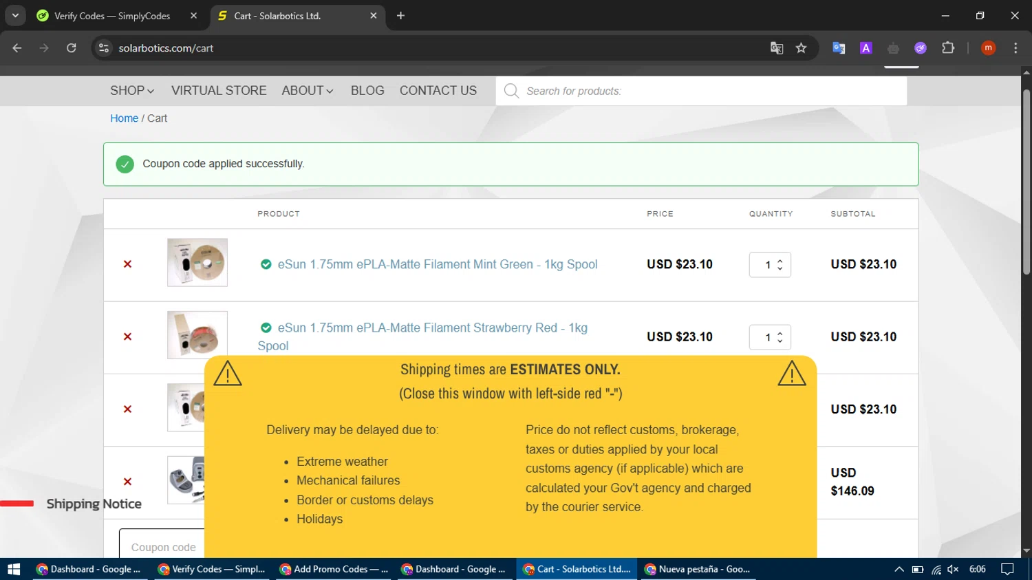 Solarbotics checkout page showing Solarbotics promo code box | Screenshot taken by SimplyCodes community member on Apr 28, 2025