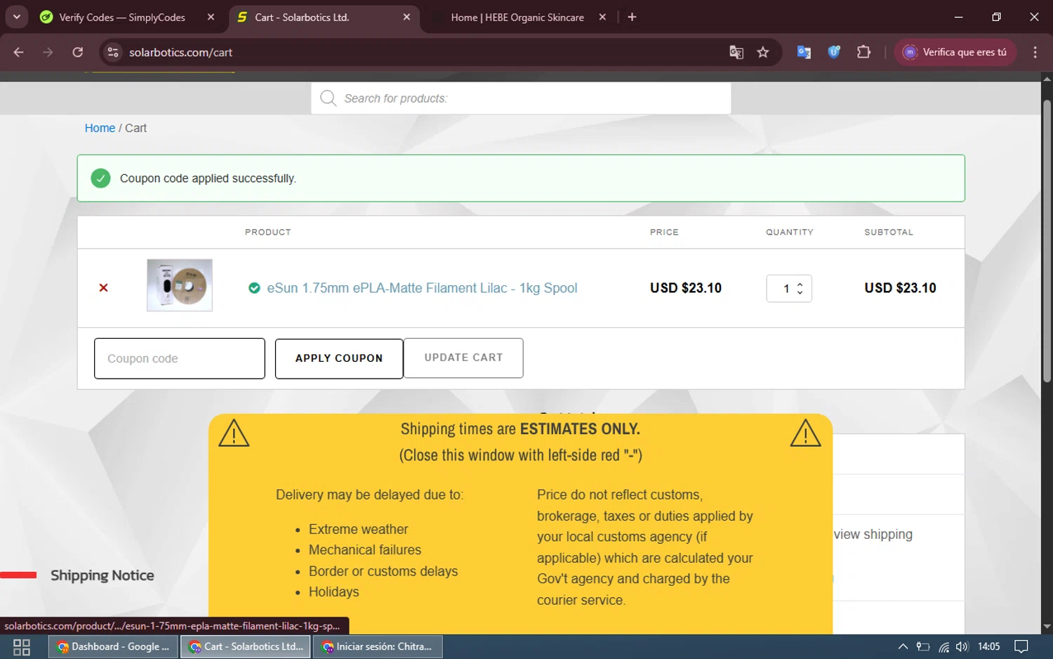 Solarbotics promo code screenshot showing code SBNL2020 applied at Solarbotics checkout page. Uploaded by SimplyCodes community member WiseCurator3690 on Jun 9, 2025