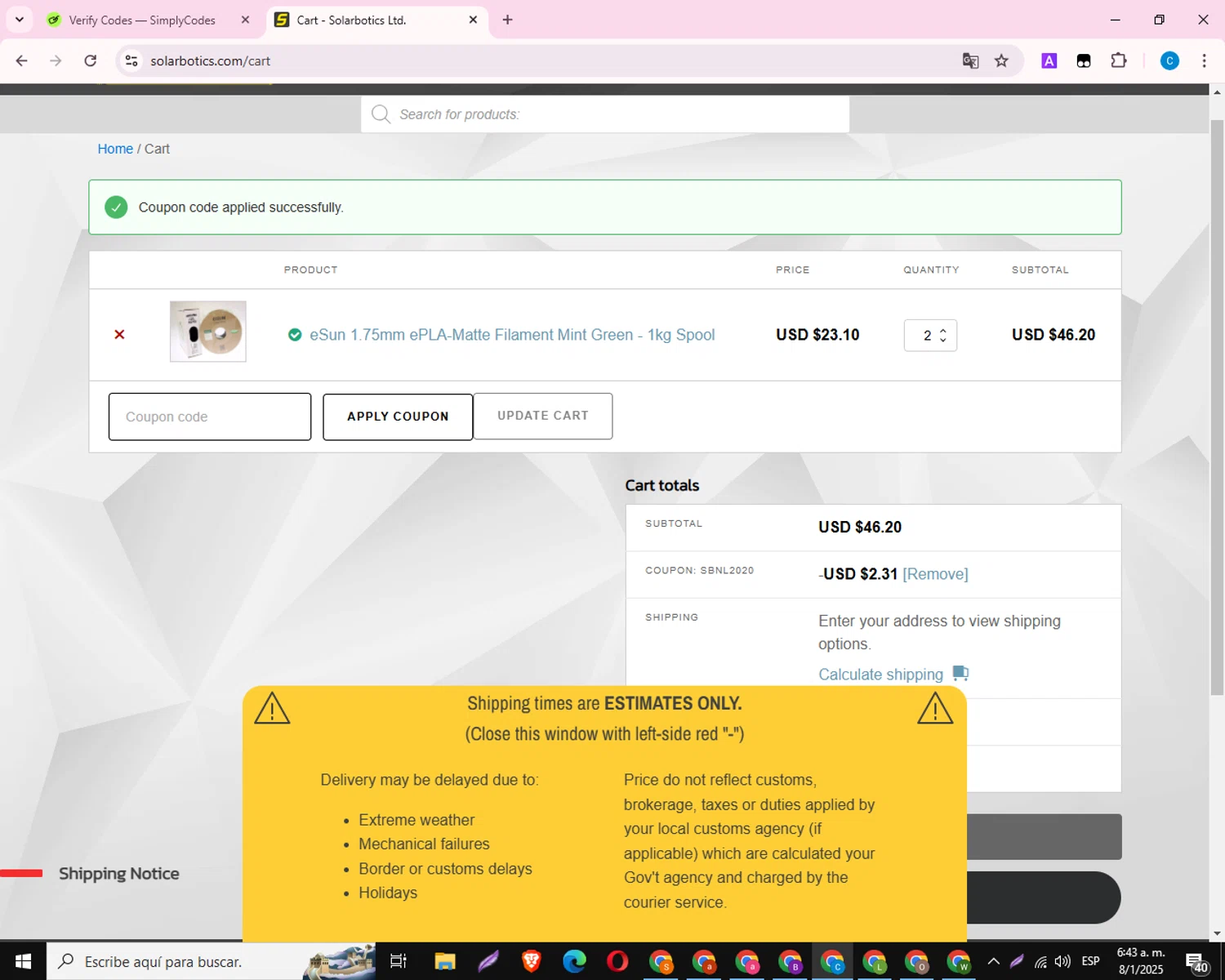 Solarbotics checkout page showing Solarbotics promo code box | Screenshot taken by SimplyCodes community member on Jan 8, 2025