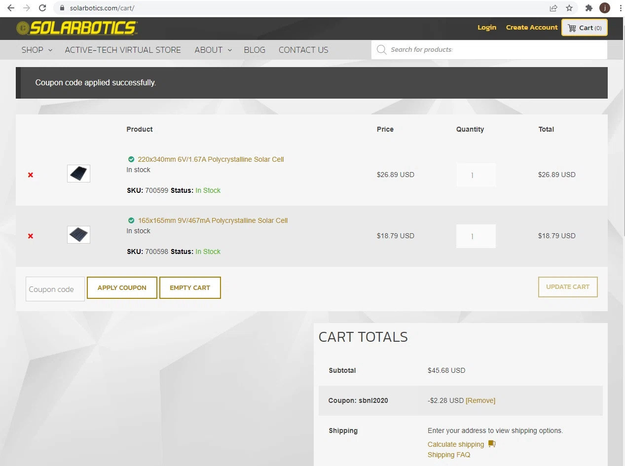 Solarbotics checkout page showing Solarbotics promo code box | Screenshot taken by SimplyCodes community member on Mar 11, 2022