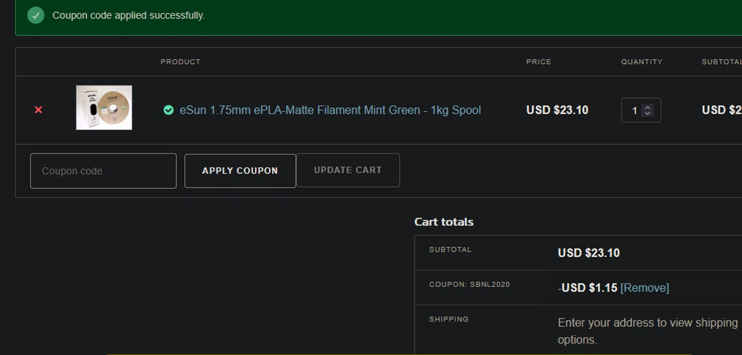 Solarbotics promo code screenshot showing code SBNL2020 applied at Solarbotics checkout page. Uploaded by SimplyCodes community member xocelot44x on May 26, 2025