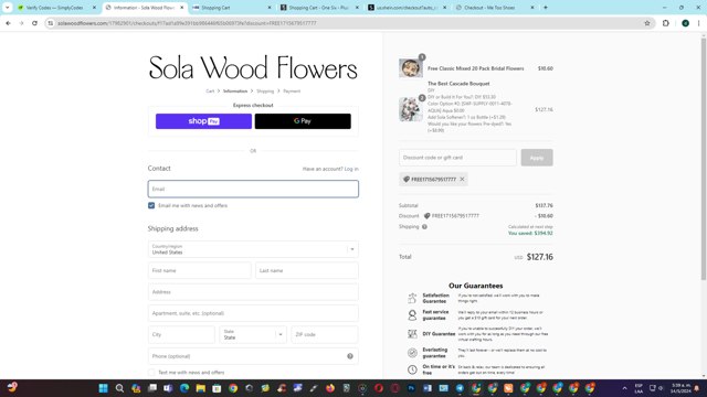 Sola Wood Flowers checkout page showing Sola Wood Flowers discount code box | Screenshot taken by SimplyCodes community member on May 14, 2024