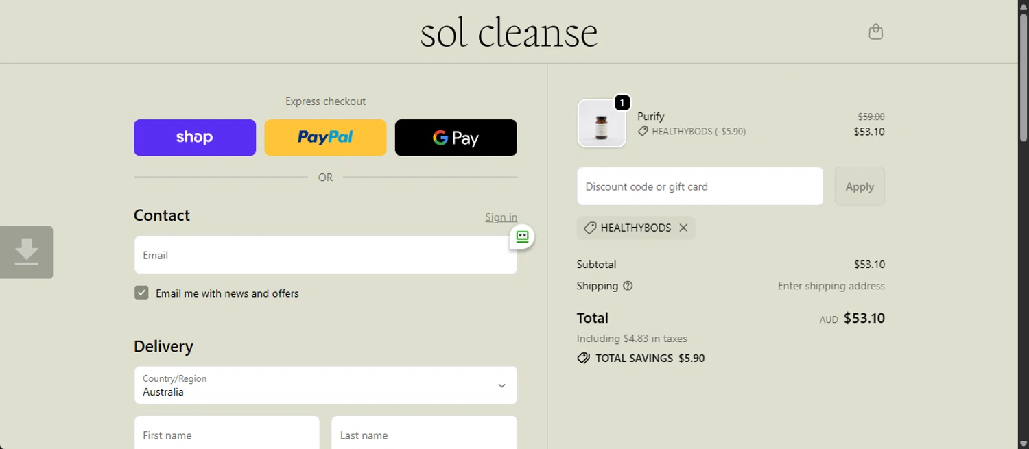 Sol Cleanse discount code screenshot showing code HEALTHYBODS applied at Sol Cleanse checkout page. Uploaded by SimplyCodes community member 111111 on Nov 24, 2025