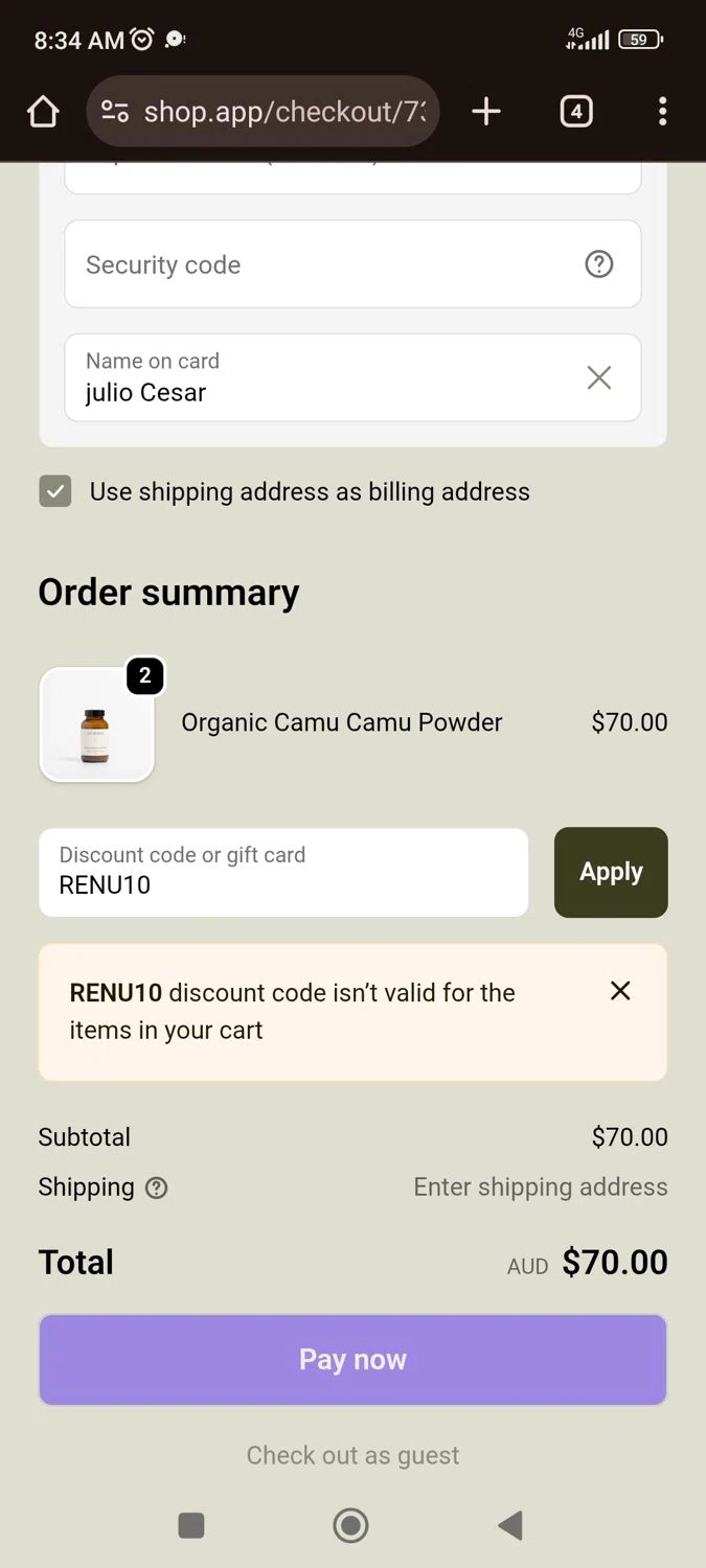 Sol Cleanse discount code screenshot showing code RENU10 applied at Sol Cleanse checkout page. Uploaded by SimplyCodes community member juliocoronel038ef0f on Dec 9, 2025