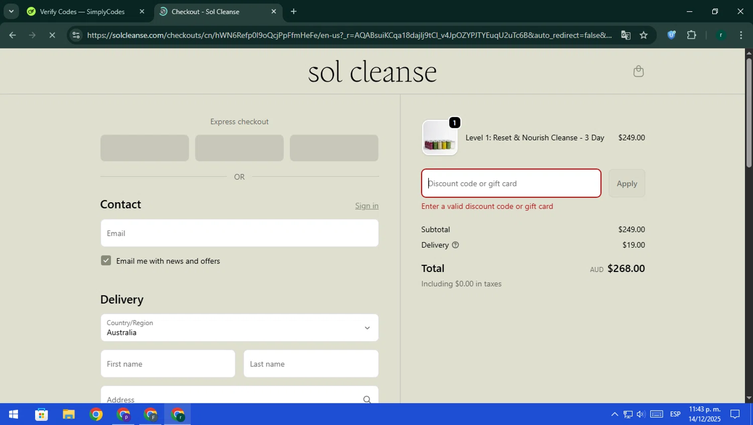 Sol Cleanse discount code screenshot showing code RENU10 applied at Sol Cleanse checkout page. Uploaded by SimplyCodes community member rodri1 on Dec 15, 2025