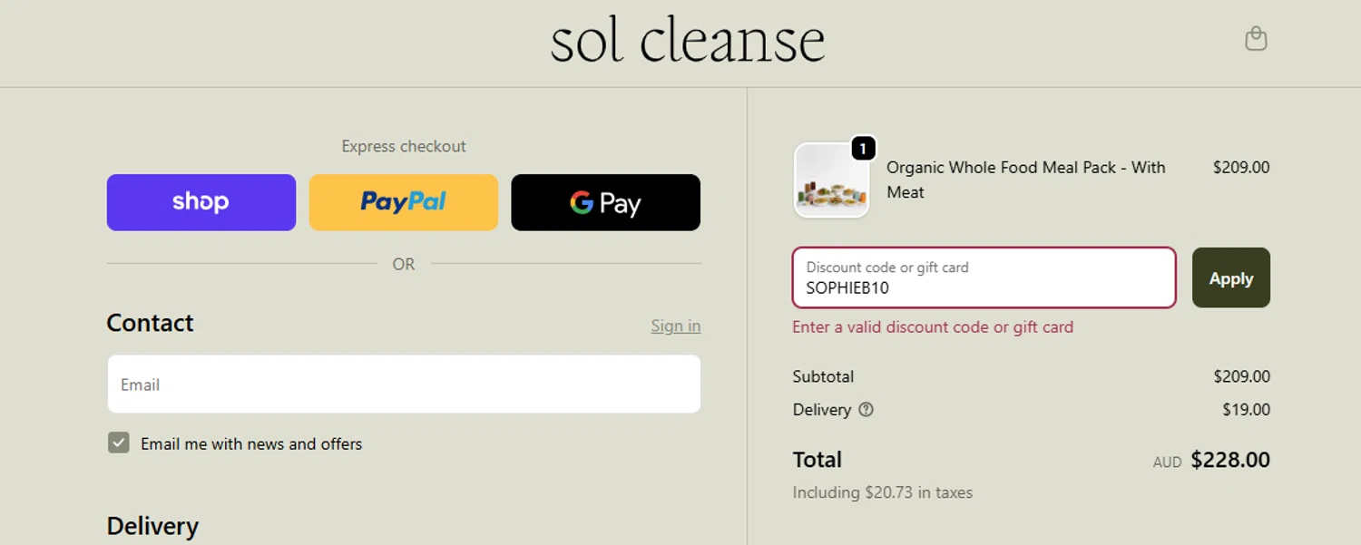 Sol Cleanse discount code screenshot showing code SOPHIEB10 applied at Sol Cleanse checkout page. Uploaded by SimplyCodes community member fettywap on Dec 9, 2025