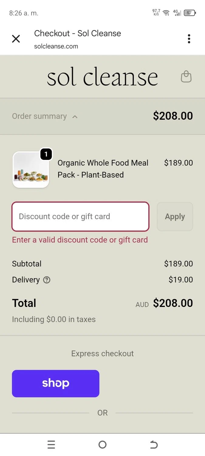 Sol Cleanse discount code screenshot showing code SOPHIEB10 applied at Sol Cleanse checkout page. Uploaded by SimplyCodes community member miguelquevedo on Dec 9, 2025