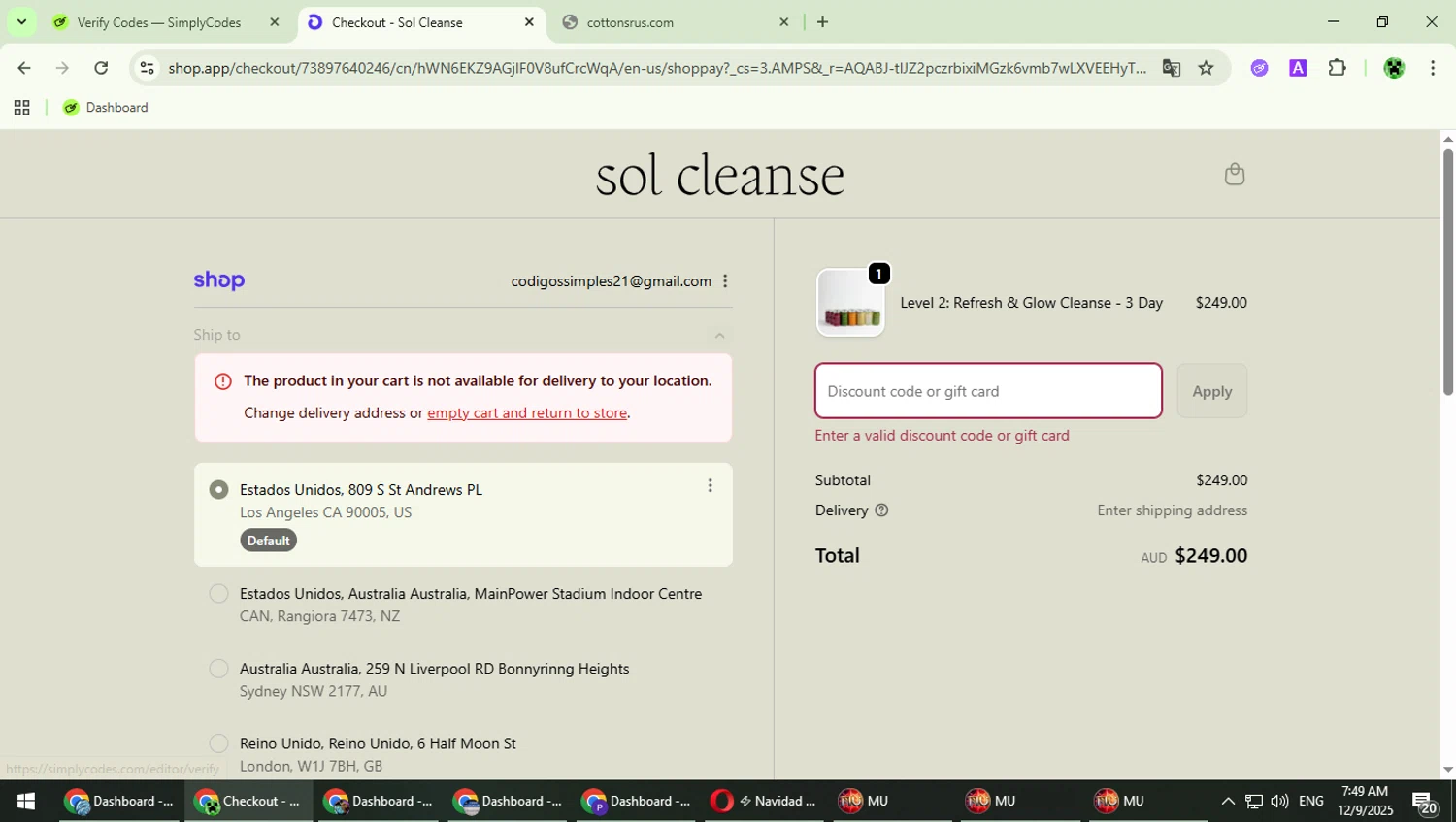 Sol Cleanse discount code screenshot showing code 10SUZY applied at Sol Cleanse checkout page. Uploaded by SimplyCodes community member MaitoGai on Dec 9, 2025