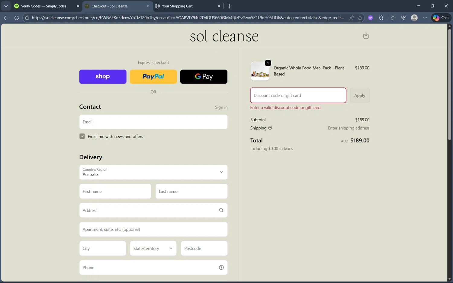 Sol Cleanse discount code screenshot showing code 10SUZY applied at Sol Cleanse checkout page. Uploaded by SimplyCodes community member frijolito on Dec 9, 2025