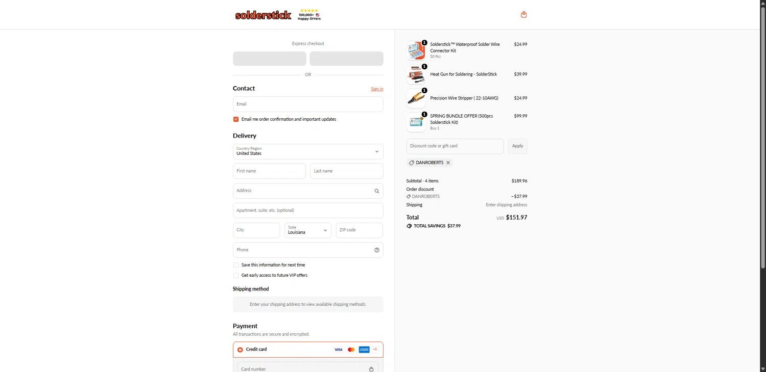 SolderStick promo code screenshot showing code DANROBERTS applied at SolderStick checkout page. Uploaded by SimplyCodes community member ValiantCollector5333 on Jun 5, 2026