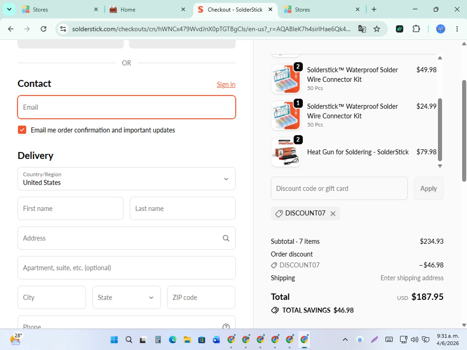 SolderStick promo code screenshot showing code DISCOUNT07 applied at SolderStick checkout page. Uploaded by SimplyCodes community member karolg on Jun 4, 2026