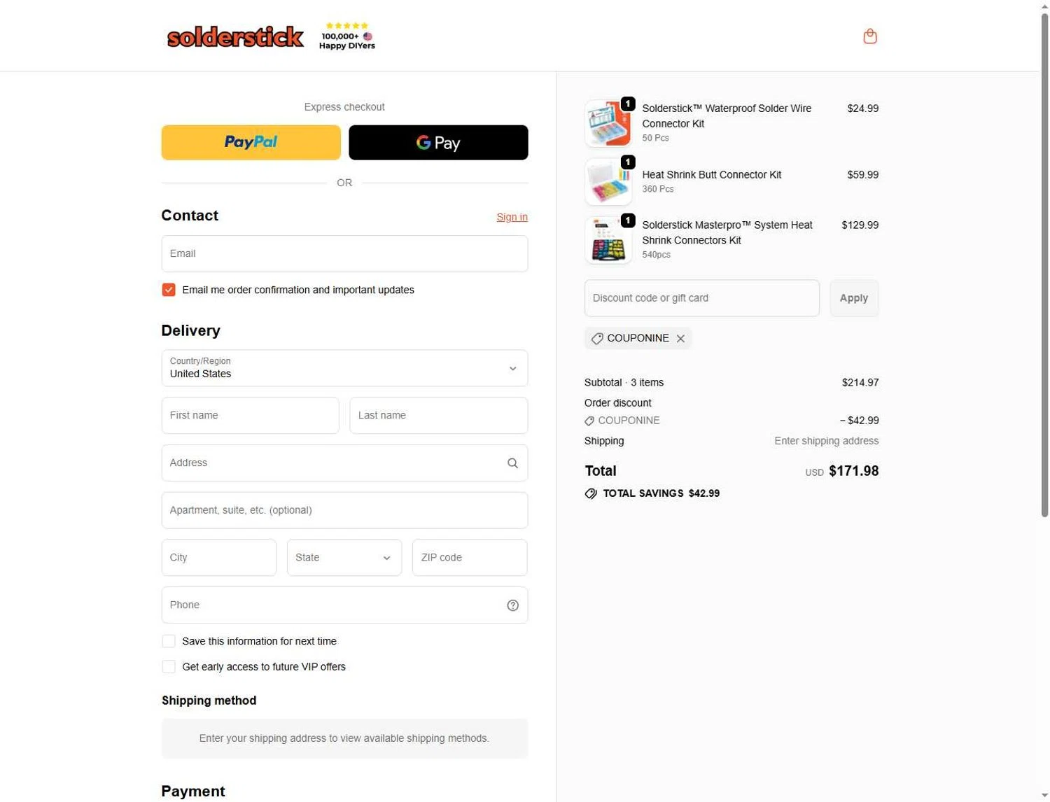 SolderStick promo code screenshot showing code COUPONINE applied at SolderStick checkout page. Uploaded by SimplyCodes community member Andaspendientedeunovale on May 31, 2026