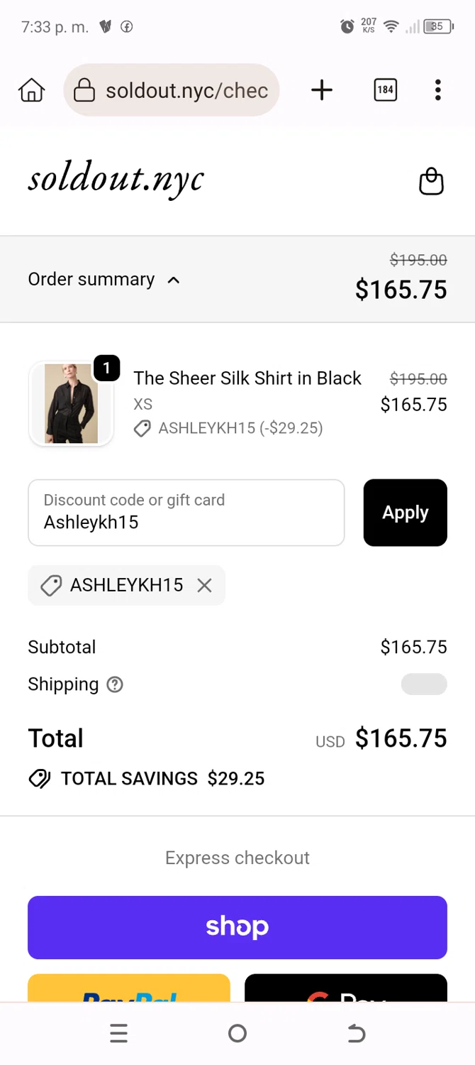 Sold Out NYC checkout page showing Sold Out NYC discount code box | Screenshot taken by SimplyCodes community member on Feb 20, 2026