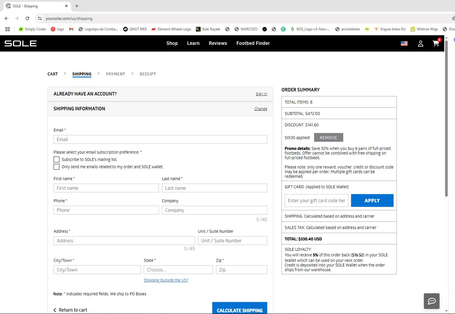 Sole discount code screenshot showing code SIX30 applied at Sole checkout page. Uploaded by SimplyCodes community member BudgetWizard5987 on Jul 12, 2025