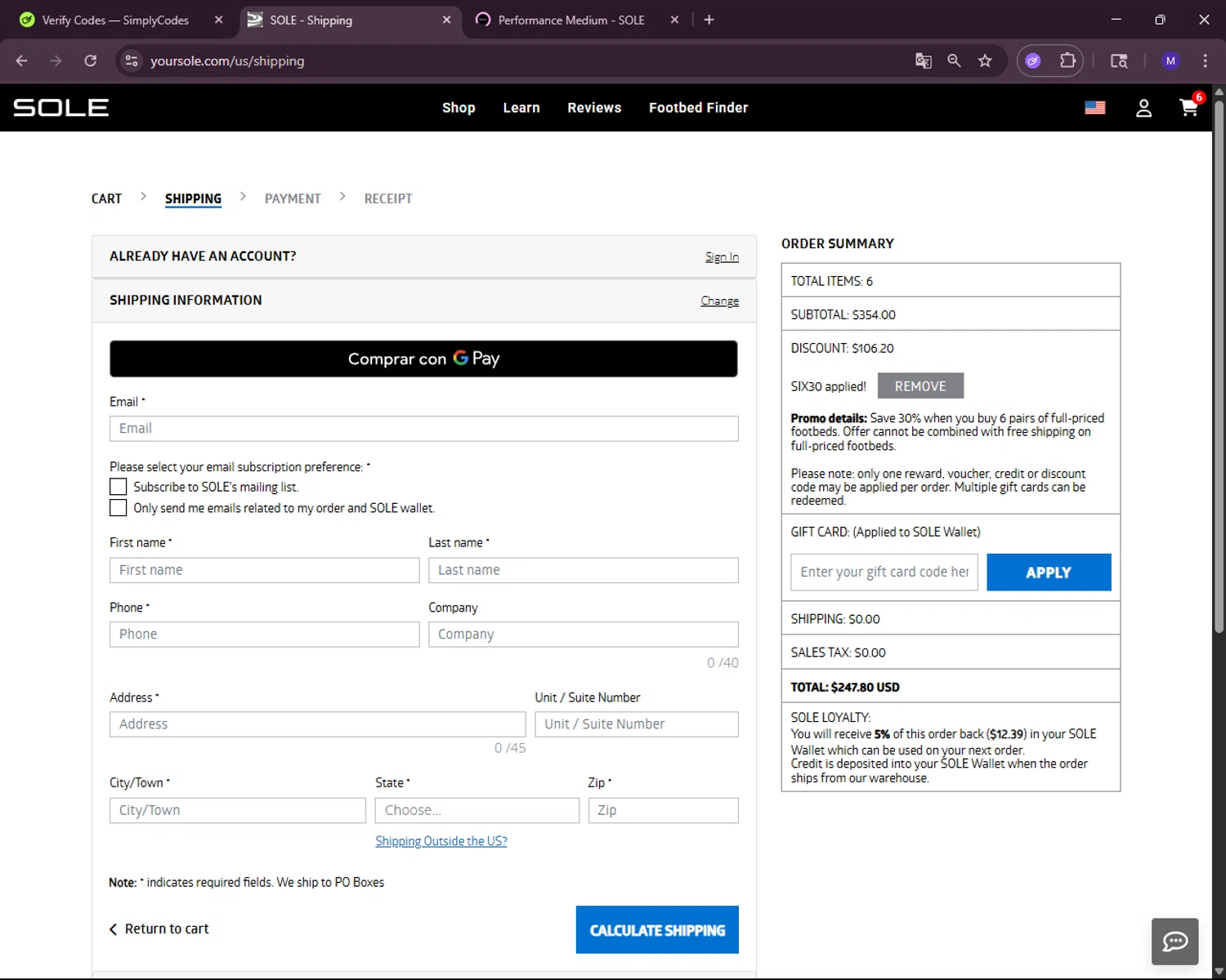 Sole discount code screenshot showing code SIX30 applied at Sole checkout page. Uploaded by SimplyCodes community member RewardLynx5307 on Jul 12, 2025