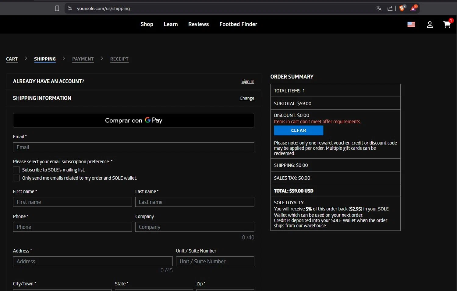 Sole checkout page showing Sole discount code box | Screenshot taken by SimplyCodes community member on Jan 28, 2026