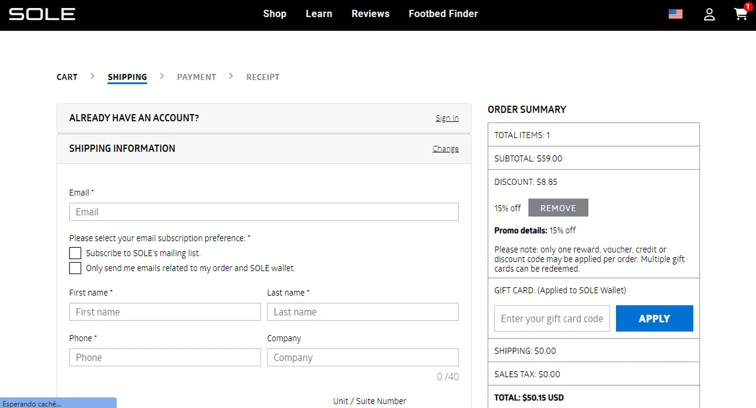 Sole discount code screenshot showing code PTP15 applied at Sole checkout page. Uploaded by SimplyCodes community member Josecaste on Jan 24, 2026