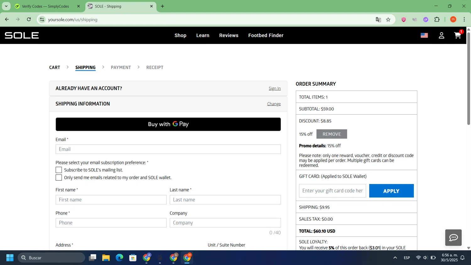 Sole discount code screenshot showing code PTP15 applied at Sole checkout page. Uploaded by SimplyCodes community member WonderSaver3331 on May 30, 2025