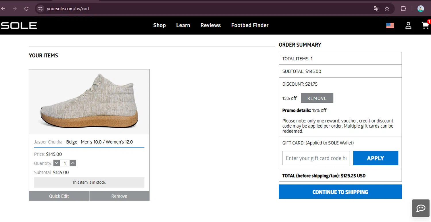 Sole discount code screenshot showing code PTP15 applied at Sole checkout page. Uploaded by SimplyCodes community member elgatobravo on Jun 12, 2025