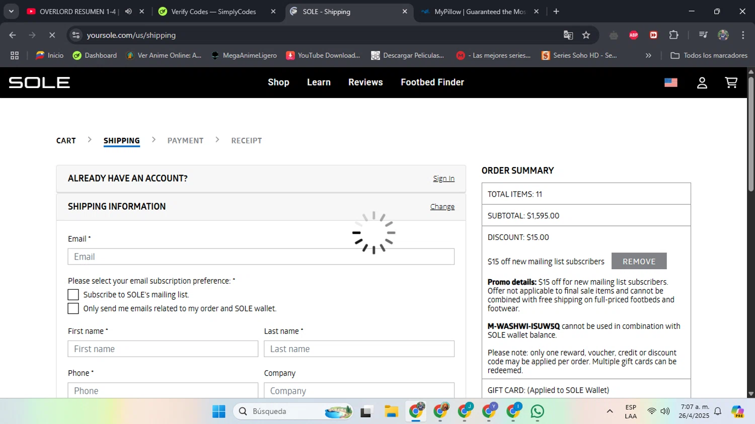 Sole discount code screenshot showing code M-WASHWI-ISUW5Q applied at Sole checkout page. Uploaded by SimplyCodes community member LGGG2105 on Apr 26, 2025