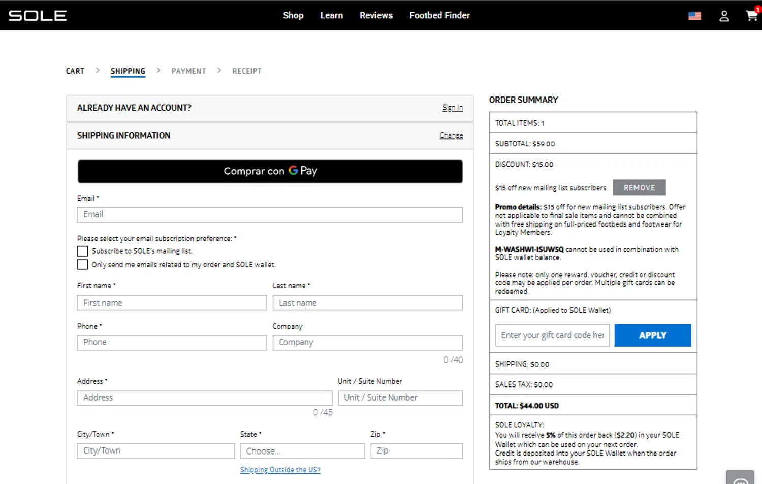Sole discount code screenshot showing code M-WASHWI-ISUW5Q applied at Sole checkout page. Uploaded by SimplyCodes community member Toundjiale on Aug 9, 2025