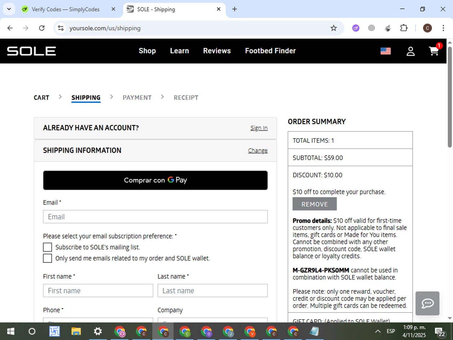 Sole discount code screenshot showing code M-GZR9L4-PKS0MM applied at Sole checkout page. Uploaded by SimplyCodes community member VictorL on Nov 4, 2025