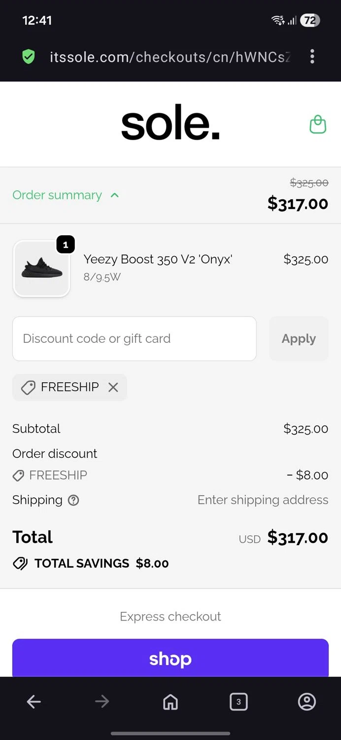 Sole promo code screenshot showing code Freeship applied at Sole checkout page. Uploaded by SimplyCodes community member BB9542251456527 on Jun 2, 2026