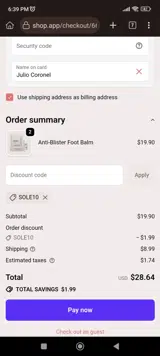 SOLE10 coupon verification screenshot
