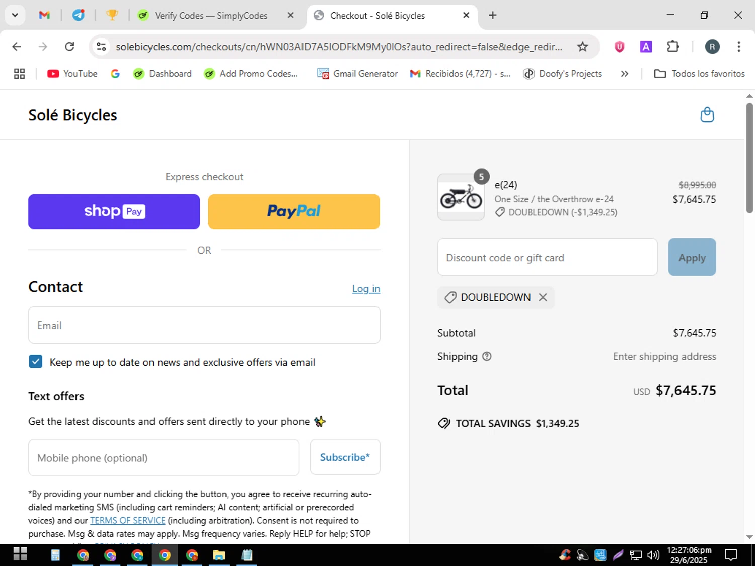 SOLE Bicycles discount code screenshot showing code DOUBLEDOWN applied at SOLE Bicycles checkout page. Uploaded by SimplyCodes community member PennyWizard7963 on Jun 29, 2025