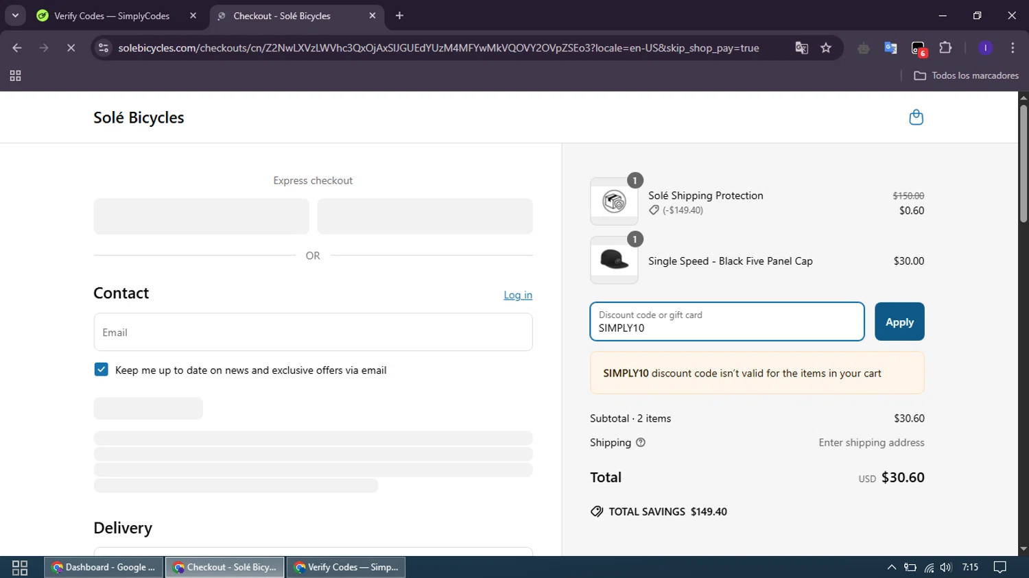 SOLE Bicycles discount code screenshot showing code SIMPLY10 applied at SOLE Bicycles checkout page. Uploaded by SimplyCodes community member SmartMaven8764 on Apr 10, 2025