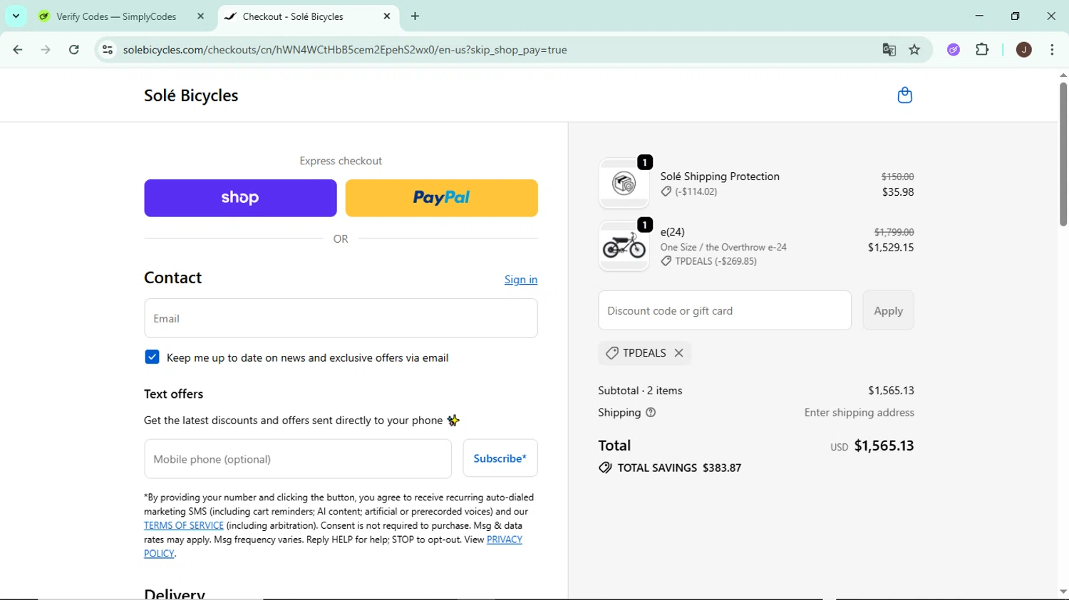 SOLE Bicycles discount code screenshot showing code TPDEALS applied at SOLE Bicycles checkout page. Uploaded by SimplyCodes community member LegendaryAce8627 on Oct 25, 2025